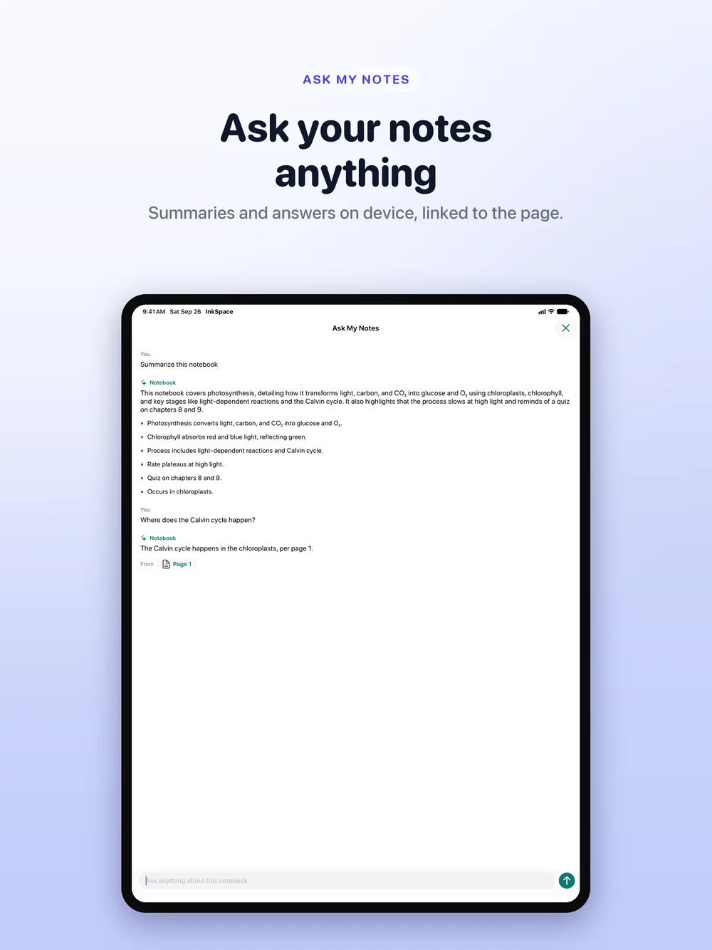 Ask My Notes answering a question with a link to the source page